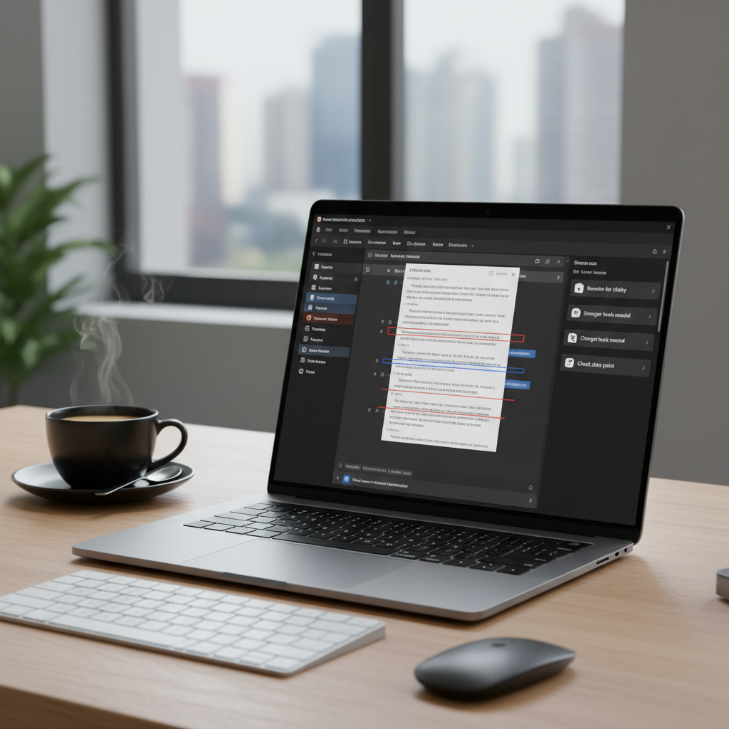 A high-resolution image of a laptop screen showing a word processor with track changes and editing comments on the side, a minimalist desk setup with a cup of coffee.